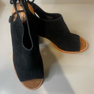 TOMS Elba Peep Toe Bootie Black Suede Lace-Up Heel Sandal 3"